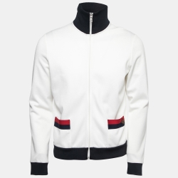 Gucci White Knit Contrast Trimmed Bee Embroidered Zip Front Cardigan XS