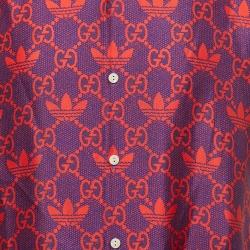 مملوكة مسبقًا Gucci X Adidas Blue/Red Logo Printed Silk Short Sleeve Shirt M