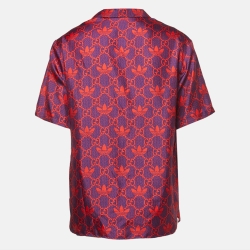 مملوكة مسبقًا Gucci X Adidas Blue/Red Logo Printed Silk Short Sleeve Shirt M