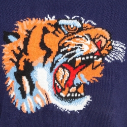 Pre Owned Gucci Navy Blue Tiger Intarsia Wool Knit Contrast Crew Neck Sweater M