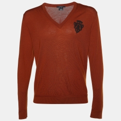 Gucci Brown Logo Patch Wool V-Neck Sweater XL