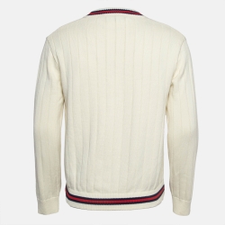 مملوكة مسبقًا Gucci Cream Cotton Knit Web Detail V-Neck Jumper S