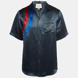 Gucci Dark Blue Satin Embroidered Bowling Shirt S