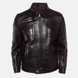 Pre Owned Gucci Dark Brown Leather Zipper Jacket M