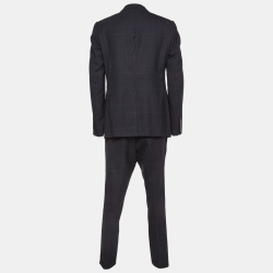 Pre Owned Gucci Navy Blue Checked Wool Pants Suit XXL