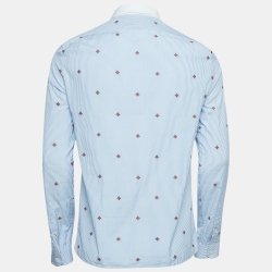 Pre Owned Gucci Blue Pinstripe Bee Embroidered Cotton Cambridge Shirt S