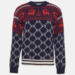 Pre Owned Gucci Blue GG and Reindeer Knit Wool Sweater M 