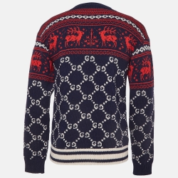 Pre Owned Gucci Blue GG and Reindeer Knit Wool Sweater M 