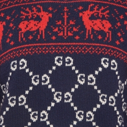 Pre Owned Gucci Blue GG and Reindeer Knit Wool Sweater M 