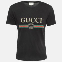 Gucci Black Logo Print Cotton Distressed T-Shirt XS