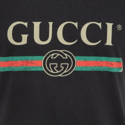Gucci Black Logo Print Cotton Distressed T-Shirt XS