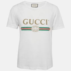 Gucci White Logo Print Cotton Distressed T-Shirt XS