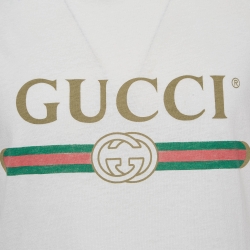 Gucci White Logo Print Cotton Distressed T-Shirt XS