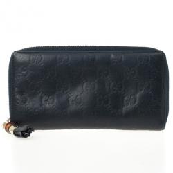 Pre Owned Gucci Black Guccissima Zip Around Bamboo Tassel Wallet