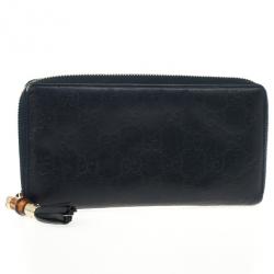 Pre Owned Gucci Black Guccissima Zip Around Bamboo Tassel Wallet