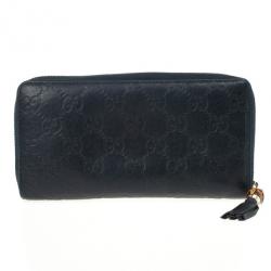 Pre Owned Gucci Black Guccissima Zip Around Bamboo Tassel Wallet