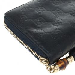 Pre Owned Gucci Black Guccissima Zip Around Bamboo Tassel Wallet