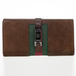 Pre Owned Gucci Parfums Brown Suede Leather Red Stripe Wallet