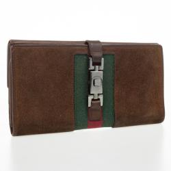 Pre Owned Gucci Parfums Brown Suede Leather Red Stripe Wallet