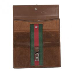 Pre Owned Gucci Parfums Brown Suede Leather Red Stripe Wallet