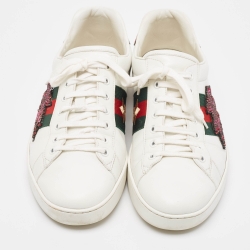 Pre Owned Gucci White Leather Embellished Lightning Bolt Ace Sneakers Size 44