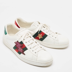Pre Owned Gucci White Leather Embellished Lightning Bolt Ace Sneakers Size 44