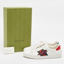 Pre Owned Gucci White Leather Embellished Lightning Bolt Ace Sneakers Size 44