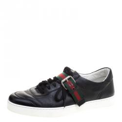 Gucci Black Leather Saville Web Detail Buckle Sneakers Size 44.5