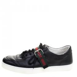 Gucci Black Leather Saville Web Detail Buckle Sneakers Size 44.5