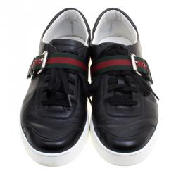 Gucci Black Leather Saville Web Detail Buckle Sneakers Size 44.5