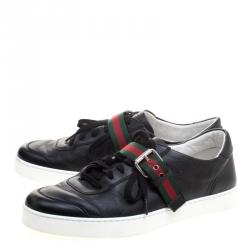Gucci Black Leather Saville Web Detail Buckle Sneakers Size 44.5