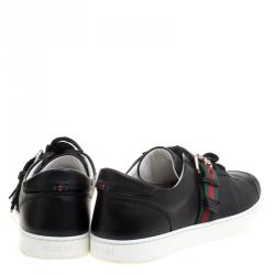 Gucci Black Leather Saville Web Detail Buckle Sneakers Size 44.5