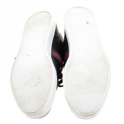 Gucci Black Leather Saville Web Detail Buckle Sneakers Size 44.5