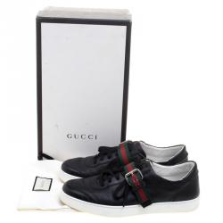 Gucci Black Leather Saville Web Detail Buckle Sneakers Size 44.5