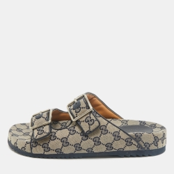 Gucci Beige/Navy Blue GG Canvas Double Strap Slide Sandals Size 42