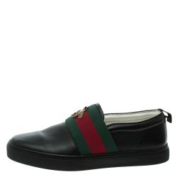 Gucci Black Leather Web and Bee Slip On Sneakers Size 41.5