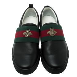 Gucci Black Leather Web and Bee Slip On Sneakers Size 41.5