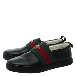 Gucci Black Leather Web and Bee Slip On Sneakers Size 41.5