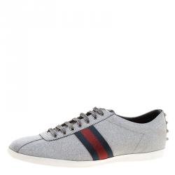 Gucci Silver Glitter Coated Fabric Web Detail Studded Low Top Sneakers Size 47.5