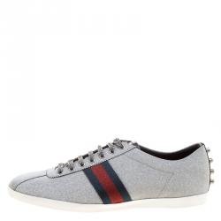 Gucci Silver Glitter Coated Fabric Web Detail Studded Low Top Sneakers Size 47.5