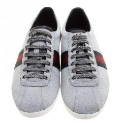 Gucci Silver Glitter Coated Fabric Web Detail Studded Low Top Sneakers Size 47.5