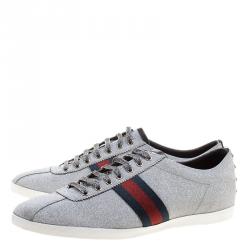 Gucci Silver Glitter Coated Fabric Web Detail Studded Low Top Sneakers Size 47.5