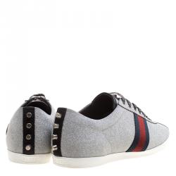 Gucci Silver Glitter Coated Fabric Web Detail Studded Low Top Sneakers Size 47.5
