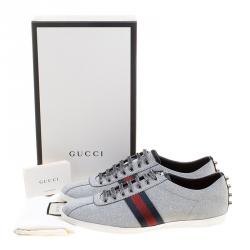 Gucci Silver Glitter Coated Fabric Web Detail Studded Low Top Sneakers Size 47.5