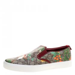 Gucci Beige GG Supreme Canvas Tian Bird Printed Slip On Sneakers Size 47.5