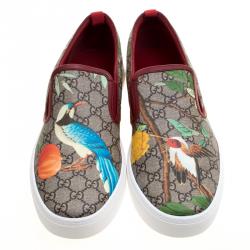 Gucci Beige GG Supreme Canvas Tian Bird Printed Slip On Sneakers Size 47.5
