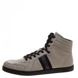 Gucci Grey Leather Web Detail High Top Sneakers Size 48.5