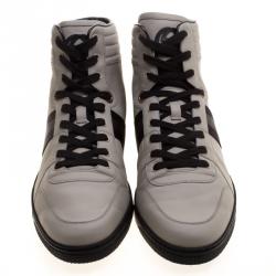 Gucci Grey Leather Web Detail High Top Sneakers Size 48.5