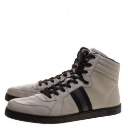 Gucci Grey Leather Web Detail High Top Sneakers Size 48.5