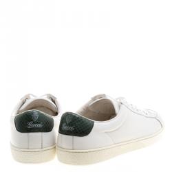 Gucci White Leather Green Snakeskin Trim Low Top Sneakers Size 46.5